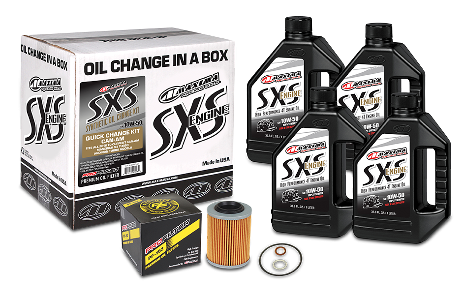 Maxima SXS Can-Am oil quick change kit with 10W50 oil and filter for seamless ATV maintenance.
