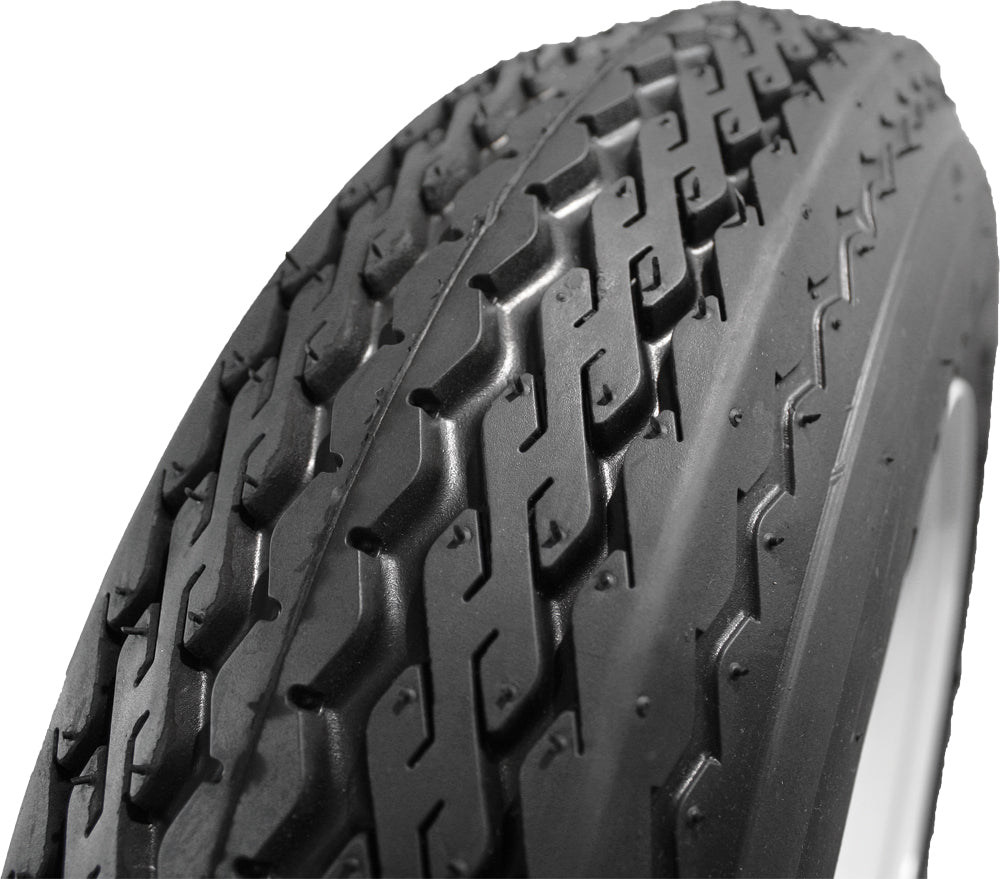 Close-up of AWC Bias Tire Trailer 4.80-12 with 6 ply sidewalls and tread pattern, showing the tire's black rubber surface and branding.