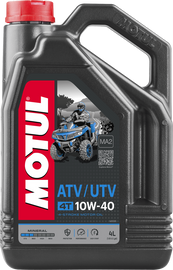 Motul Quad Oil 4T 10W40 engine oil bottle, 4-liter container for motorcycle engines, with Motul branding and product details visible.