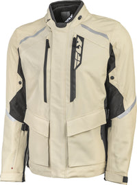 Fly Racing Terra Trek Jacket in sand and black, size large, shown with front view featuring durable fabric and outdoor-ready design.