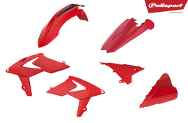 Red Polisport Plastics body kit for motocross or dirt bikes, featuring durable plastic panels and sleek design.