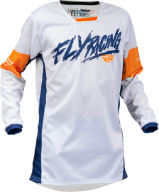 Fly Racing Youth Kinetic Khaos jersey in white, navy, and orange with bold design, made for motocross or off-road riding.