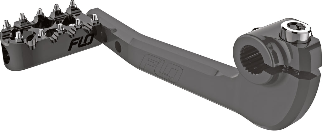 Flo Motorsports adjustable shift lever for Harley XL models, showing textured metal foot control with shift arm and mounting hardware.