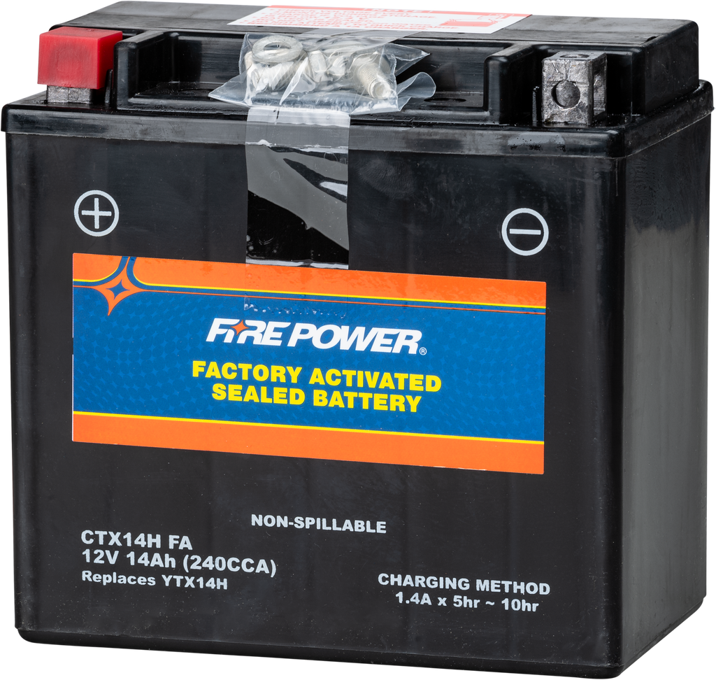 Fire Power Ctx14h sealed lead-acid battery, factory activated, with positive and negative terminals visible.