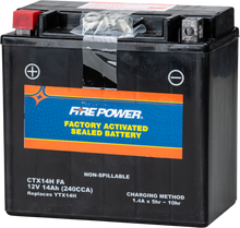 Load image into Gallery viewer, Fire Power Ctx14h sealed lead-acid battery, factory activated, with positive and negative terminals visible.