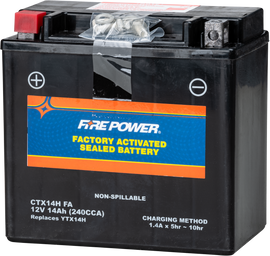 Fire Power Ctx14h sealed lead-acid battery, factory activated, with positive and negative terminals visible.