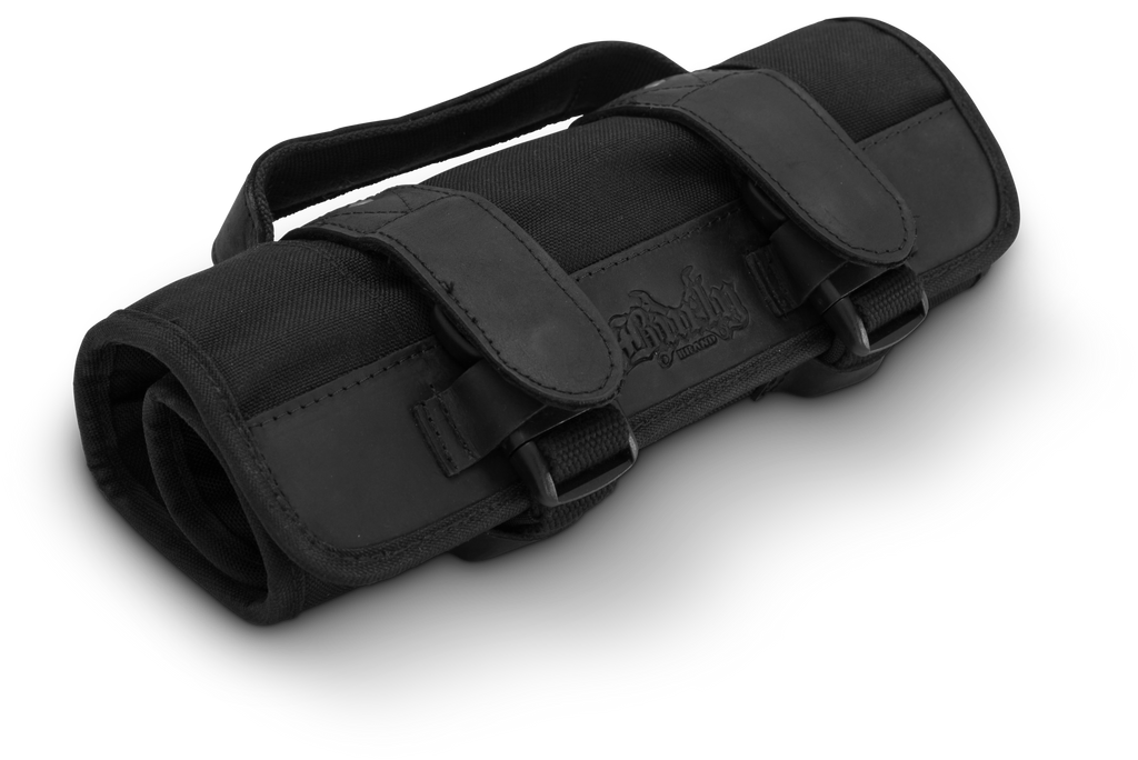 Black Burly Brand tool roll luggage with multiple compartments, sturdy fabric, and reinforced edges for organizing tools.