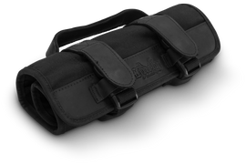 Black Burly Brand tool roll luggage with multiple compartments, sturdy fabric, and reinforced edges for organizing tools.