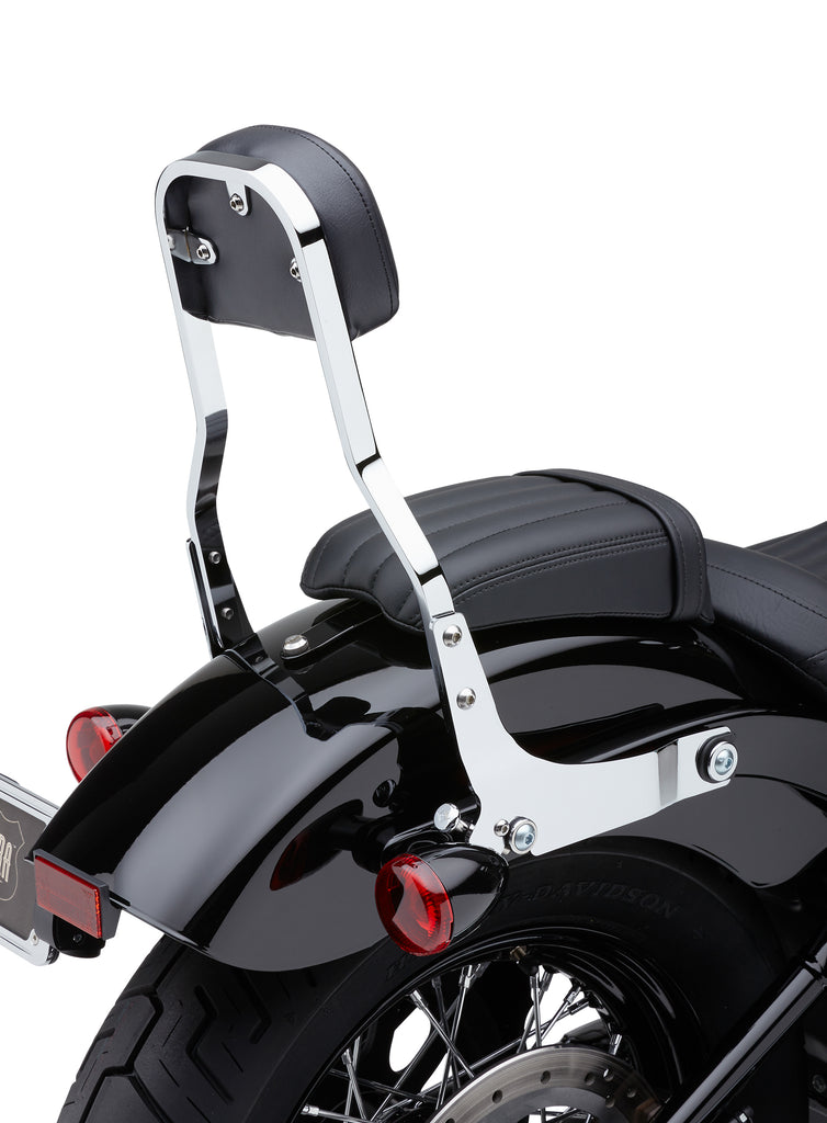 Chrome Cobra Short Sissy Bar for Harley Davidson Softail models, featuring a sleek body design and mounting hardware.