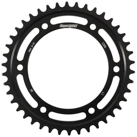 Supersprox steel rear edge sprocket with 42-tooth count, black finish, designed for 530 chain bikes, durable motorcycle part.