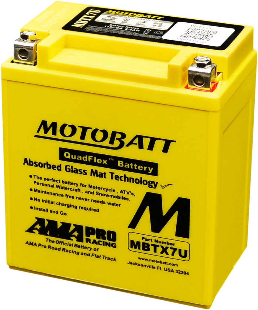 Motobatt MBTX7U sealed factory-activated motorcycle battery with compact size and durable design, shown in the image.