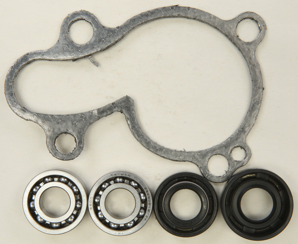 Hot Rods Water Pump Repair Kit 421-W0064 for engine repair, showing various gaskets and components laid out on a surface.