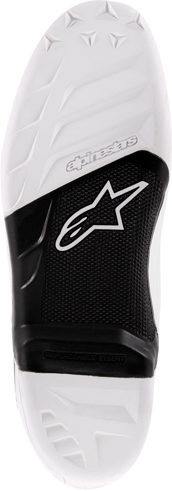Alpine Star Tech-7 motocross boots in black and white with size 15, showing the sole and durable construction.