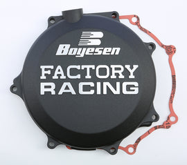 Boyesen Factory Racing Clutch Cover in black for street motorcycles, model 59-7218B, with detailed design and branding visible.