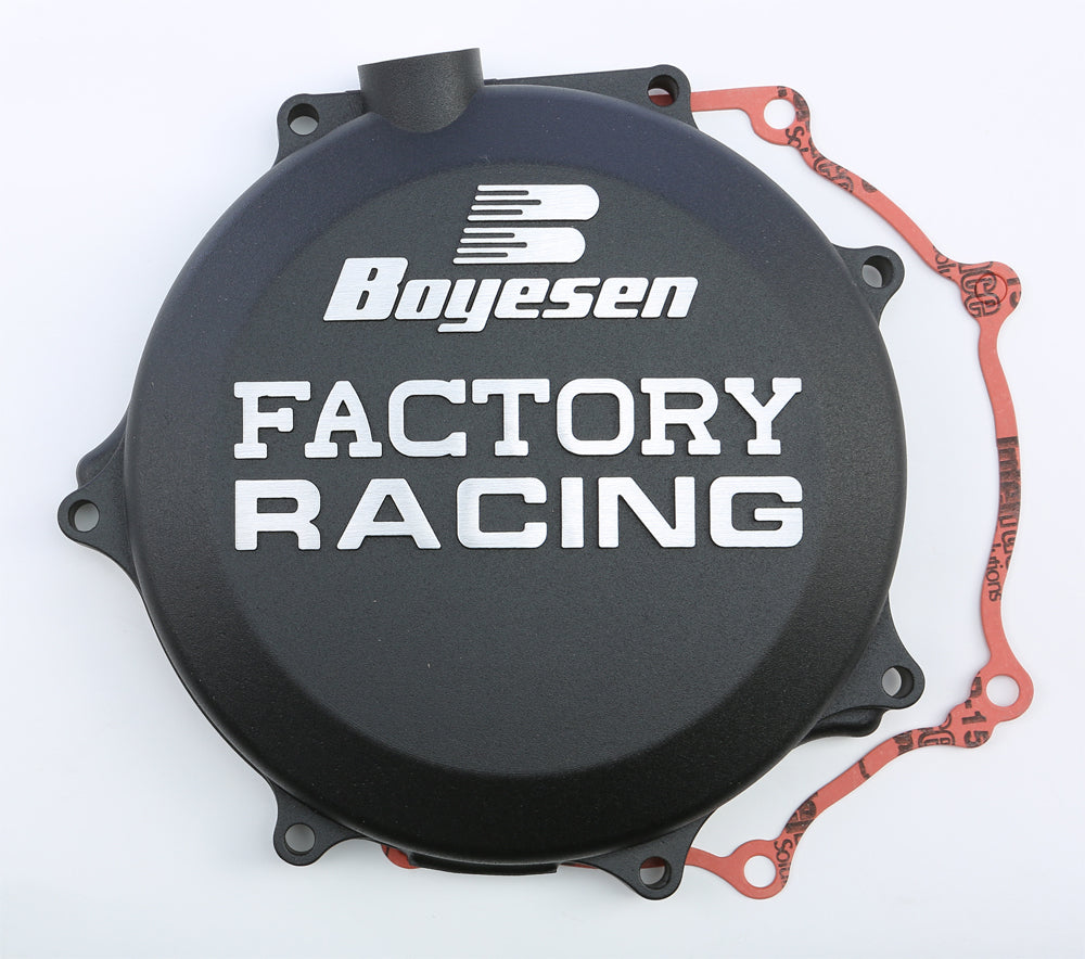 Boyesen Factory Racing Clutch Cover in black for street motorcycles, model 59-7218B, featuring durable construction and sleek design.