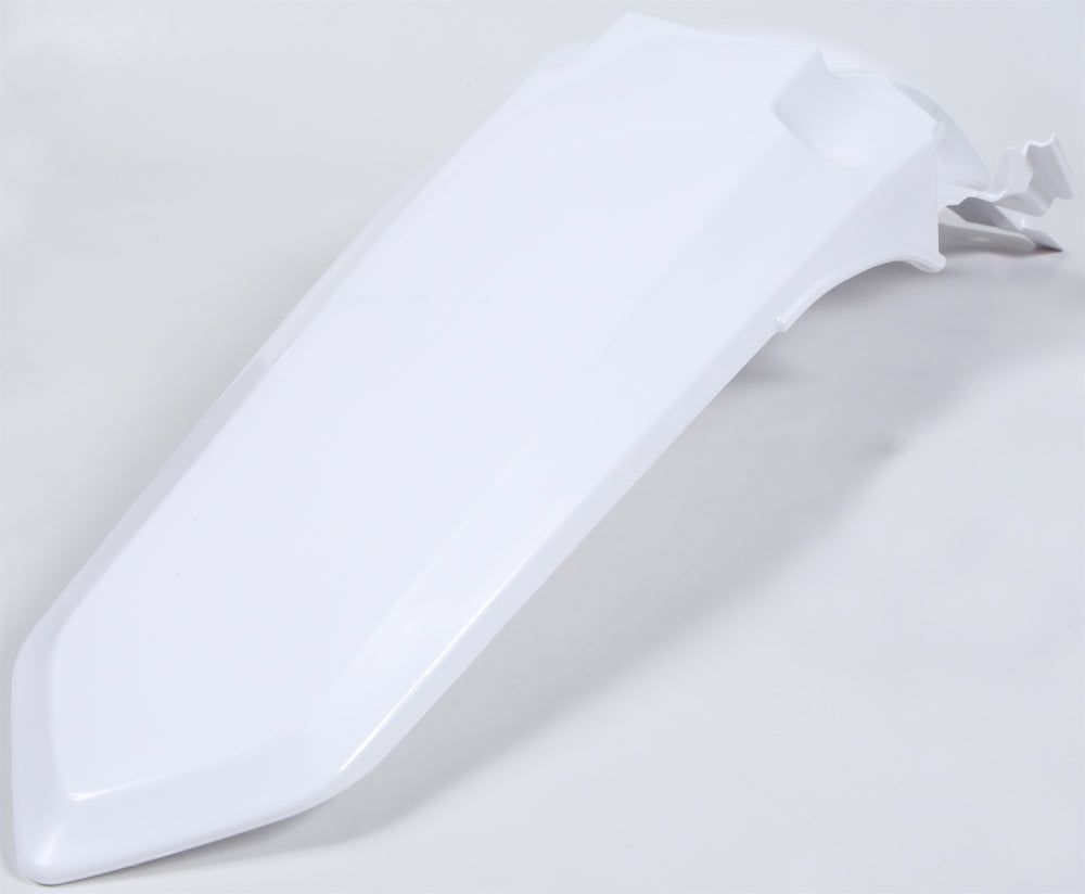 Polisport Plastics white rear fender for motorcycle or dirt bike, shown on a vehicle with mounting points visible.