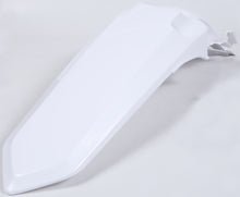Load image into Gallery viewer, Polisport Plastics white rear fender for motorcycle or dirt bike, shown on a vehicle with mounting points visible.
