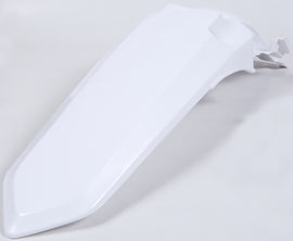 Polisport Plastics white rear fender for motorcycle or dirt bike, shown on a vehicle with mounting points visible.