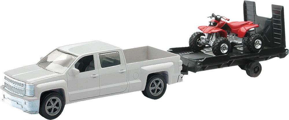 New Ray Toys 1:43 Chevy truck, trailer, and ATV replica set in white and red, detailed accessories for model collection.