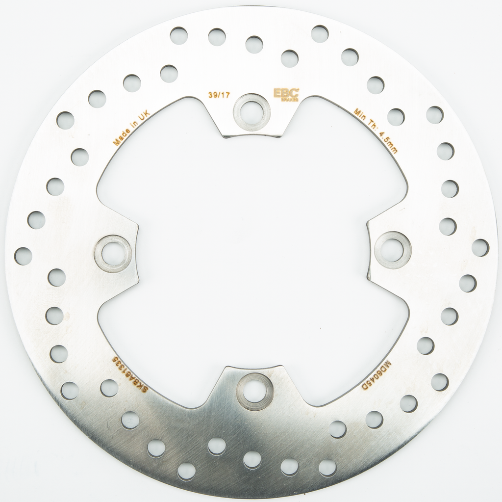 EBC Motorcycle Brakes standard rotor 15-6045 showing a metal brake disc with vented design and mounting holes for motorcycles.