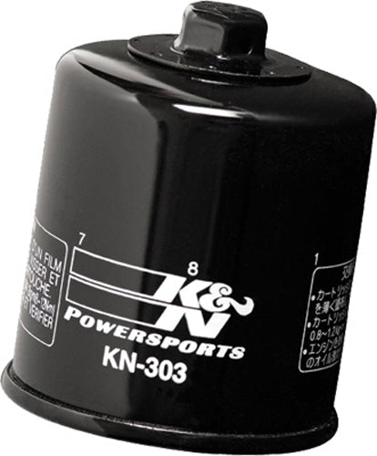 K&N Oil Filter 56-0303 showing the cylindrical metal filter with rubber gasket for automotive oil filtration