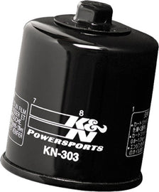 K&N Oil Filter 56-0303 showing the cylindrical metal filter with rubber gasket for automotive oil filtration