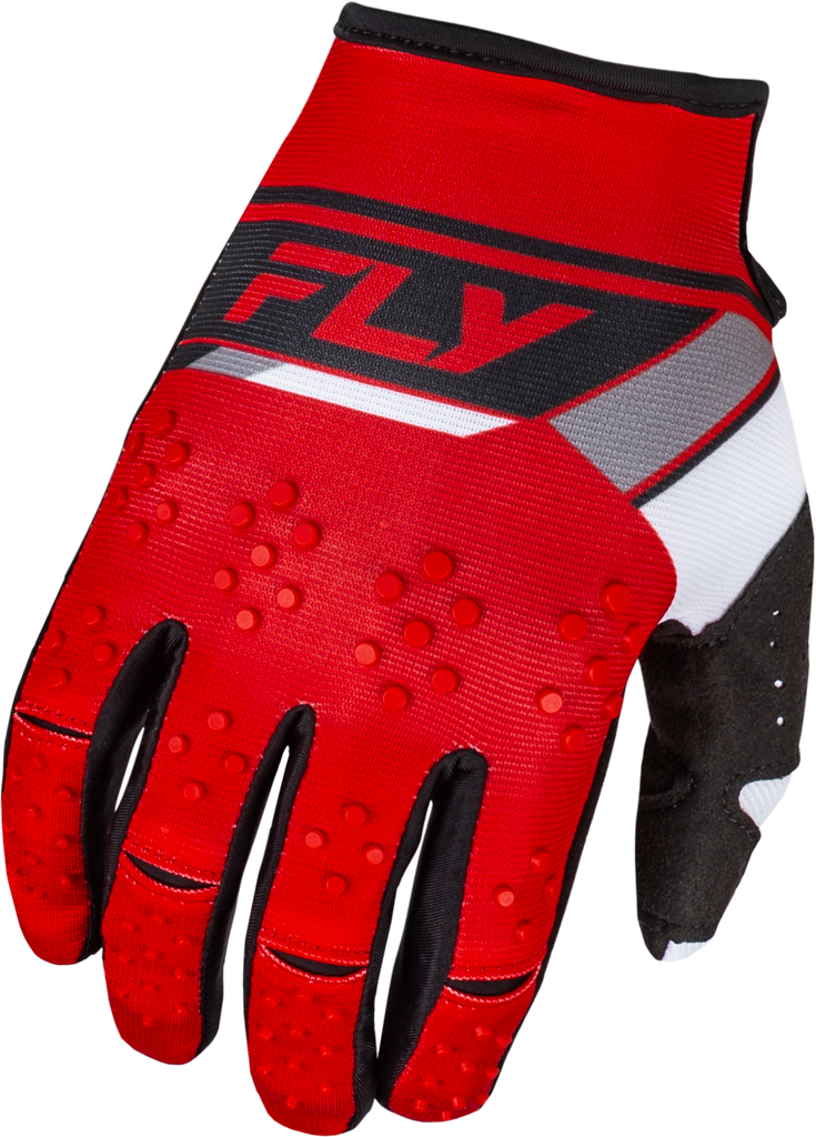 Fly Racing Kinetic Prix gloves in red, grey, and white, large size, with padded palms and adjustable wrist closure.