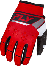 Load image into Gallery viewer, Fly Racing Kinetic Prix gloves in red, grey, and white, large size, with padded palms and adjustable wrist closure.