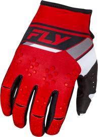 Fly Racing Kinetic Prix gloves in red, grey, and white, large size, with padded palms and adjustable wrist closure.