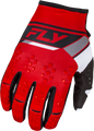 Fly Racing Kinetic Prix gloves in red, grey, and white, large size, with padded palms and adjustable wrist closure.