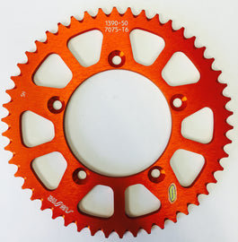 Sunstar aluminum rear sprocket, 50-tooth, for Husqvarna and KTM motorcycles, 420 chain size, black finish, high-performance design.