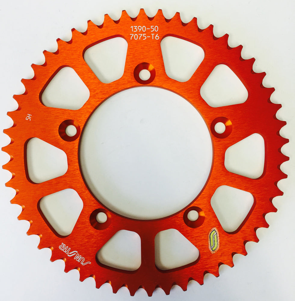 Sunstar 50-tooth aluminum rear sprocket for Husqvarna and KTM motorcycles, featuring a 420 chain compatibility.