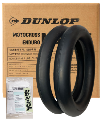 Dunlop Mousse Tube for motorcycle tires, sizes 110/100-18 and 120/90-18, featuring durable rubber construction and brand logo