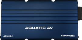 Aquatic AV AD1200.4 1200W car amplifier with black heatsink and control knobs for audio system enhancement