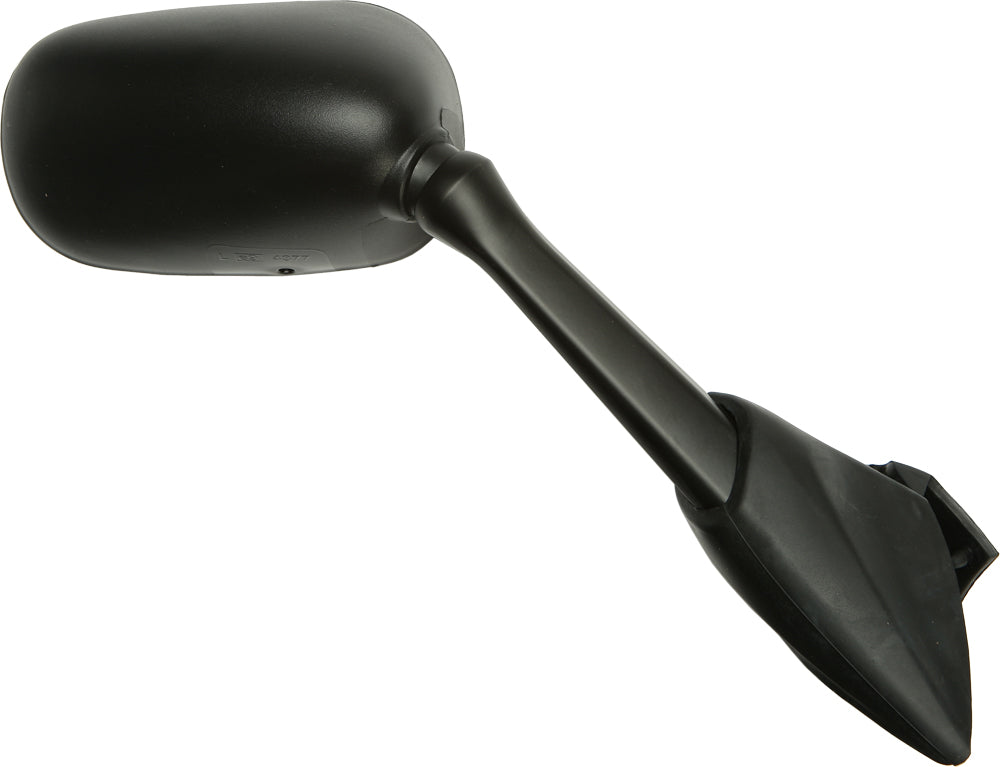 Emgo right black motorcycle mirror with a sleek round shape and mounting arm for Yamaha models.