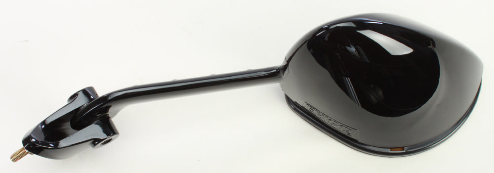 Emgo black left side mirror for Kawasaki motorcycle, featuring a sleek design and mounting hardware.