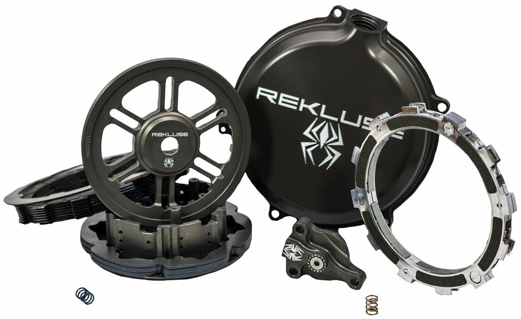 Rekluse Radius CX clutch for Husqvarna and KTM motorcycles, showing the hydraulic clutch assembly and advanced friction plates.