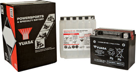Yuasa YTX12-BS maintenance-free motorcycle battery with black casing and terminal posts, ready for installation.