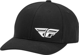 Fly Racing Fly F-Wing Hat in black with curved brim and adjustable strap, displayed on a neutral background.