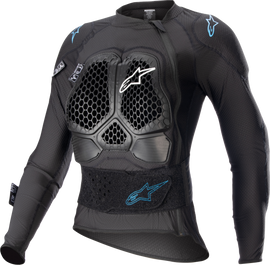Alpine Star Stella Bionic Action V2 black and cyan protection jacket, size small, with visible armor and high-visibility accents.