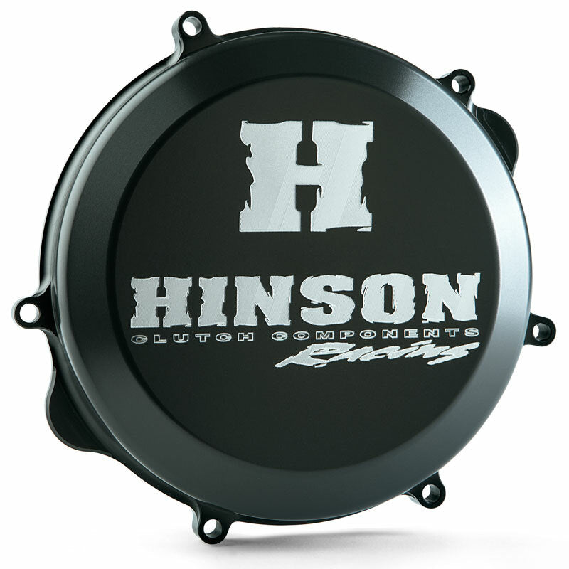 Hinson clutch cover for Husqvarna and KTM engines, durable metal component with detailed branding and mounting features.