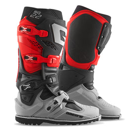 Gaerne SG22 Gore-Tex Enduro motorcycle boots in red, black, and grey with sturdy design and secure closures, size 8.