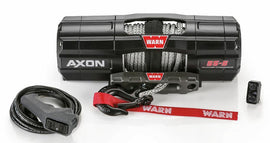 Warn Axon 5500 Synth Rope Winch with synthetic rope and metal drum, designed for off-road recovery and vehicle handling.