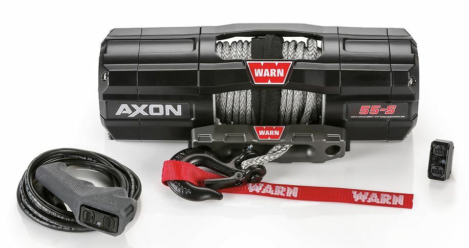 Warn Axon 5500 Synth Rope Winch with black synthetic rope and metal drum, designed for vehicle recovery and off-road use.