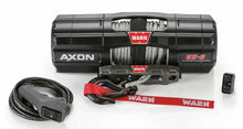 Charger l'image dans la galerie, Warn Axon 5500 Synth Rope Winch with black synthetic rope and metal drum, designed for vehicle recovery and off-road use.