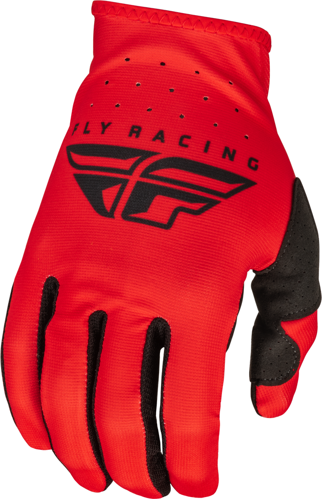 Fly Racing Lite Gloves in red and black with breathable fabric and adjustable wrist closure, designed for motocross and riding.