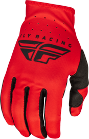 Fly Racing Lite gloves in red and black, size 3X, featuring breathable fabric and secure wrist closure for motocross riding.