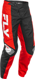Fly Racing F-16 motorcycle riding pants in black, red, and white, size 40, featuring durable fabric and protective design.