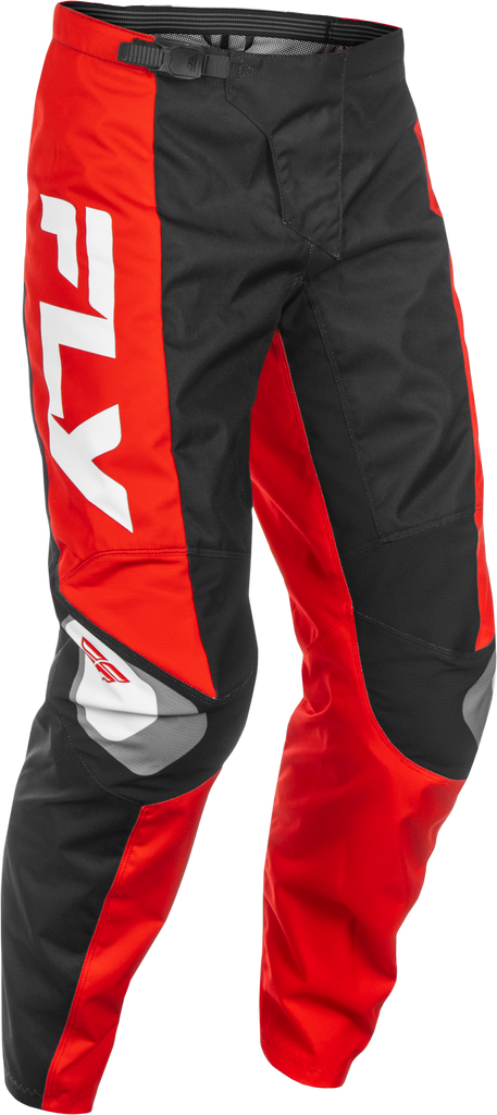 Fly Racing F-16 motorcycle pants in black, red, and white with size 28, featuring durable fabric and protective padding.