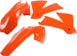 Acerbis orange plastic kit for motorcycles, includes various plastic panels and parts, displayed on a white background.